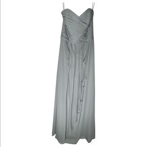“Mystic” gray, strapless, sweetheart style bridesmaid dress. Size 4. Polyester.